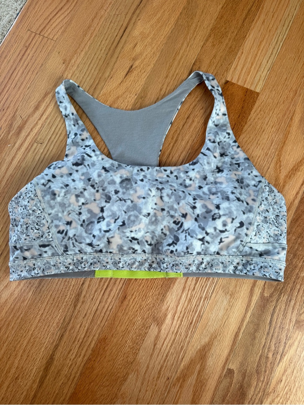 Lululemon Light Gray Printed Racerback Sports Bra with Subtle Floral Pattern